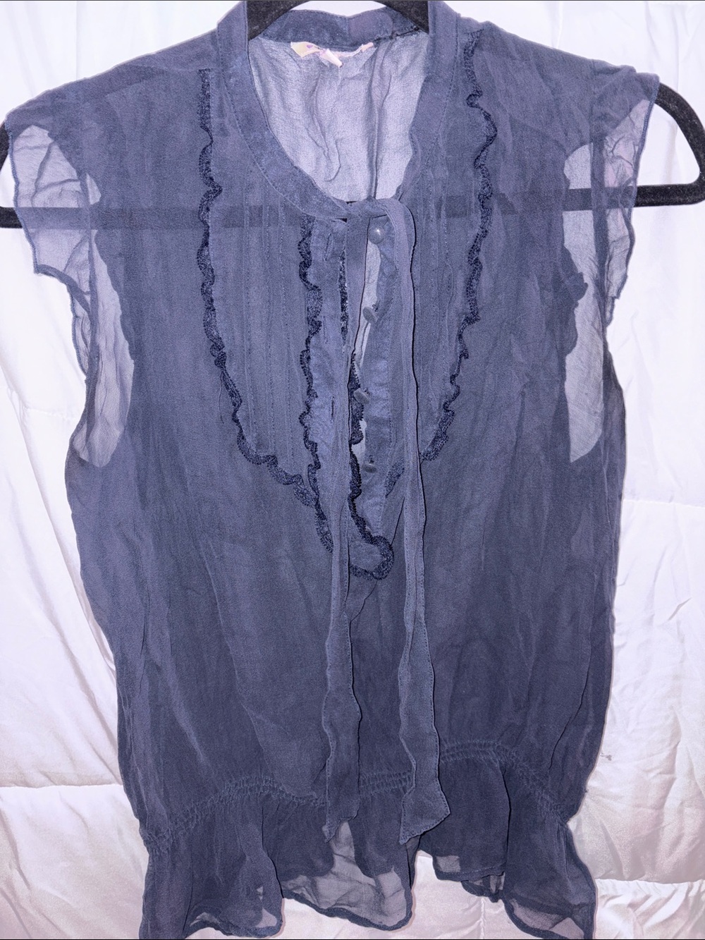 Heritage Sheer Ruffle Tie-Neck Blouse - Gray